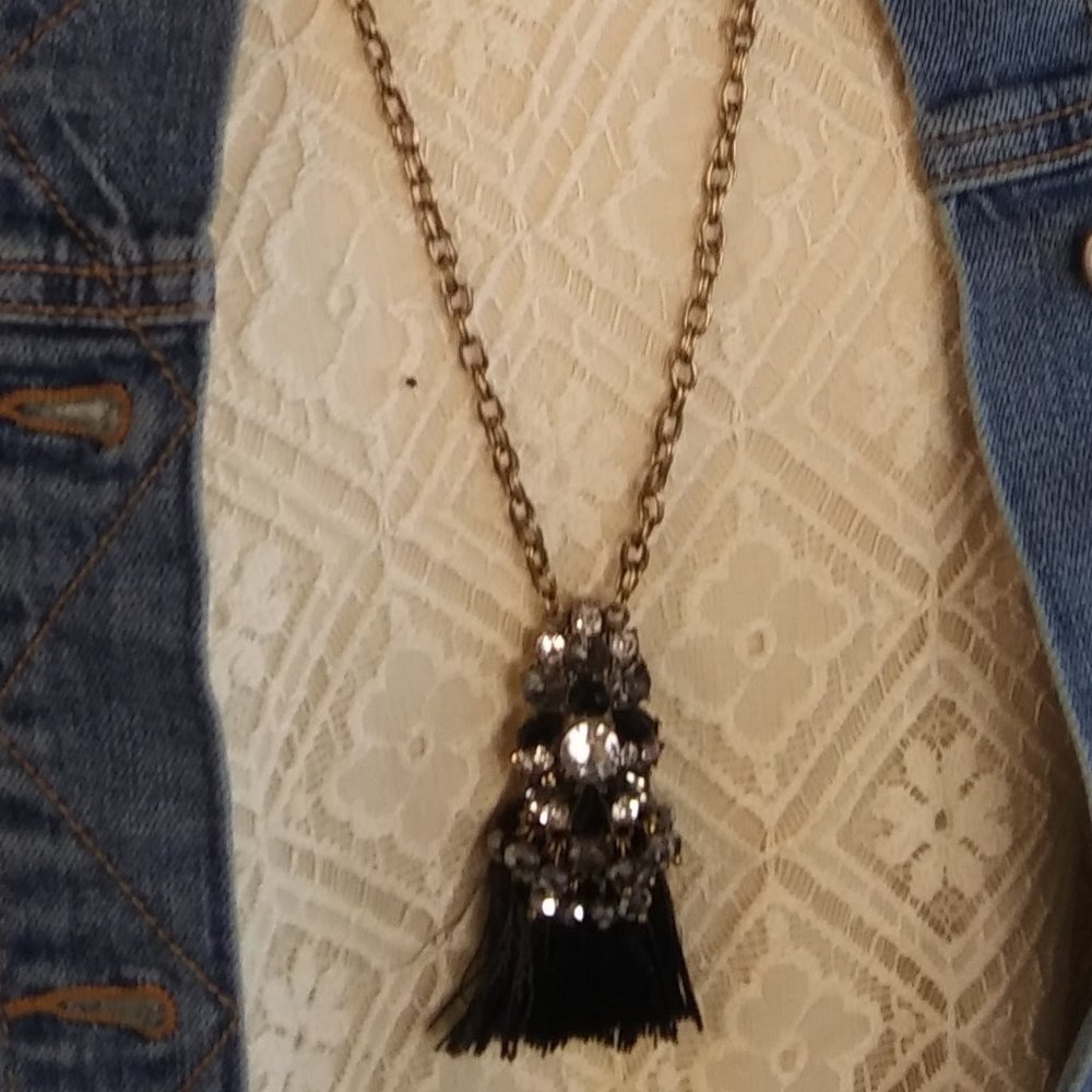Sparkly Gem Black Tassel Long Necklace | New
